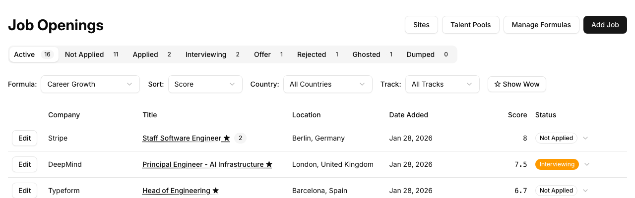 Filter controls for country, track, and wow factor