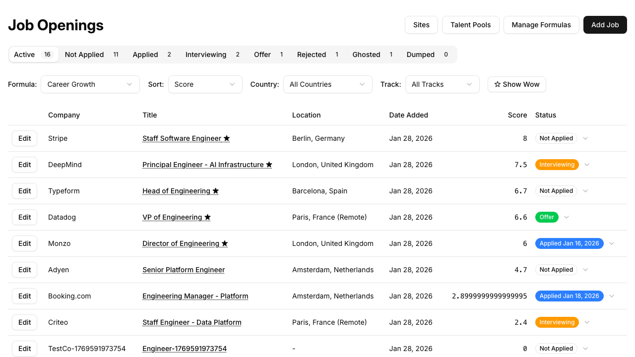 Job list showing jobs ranked by customizable scores