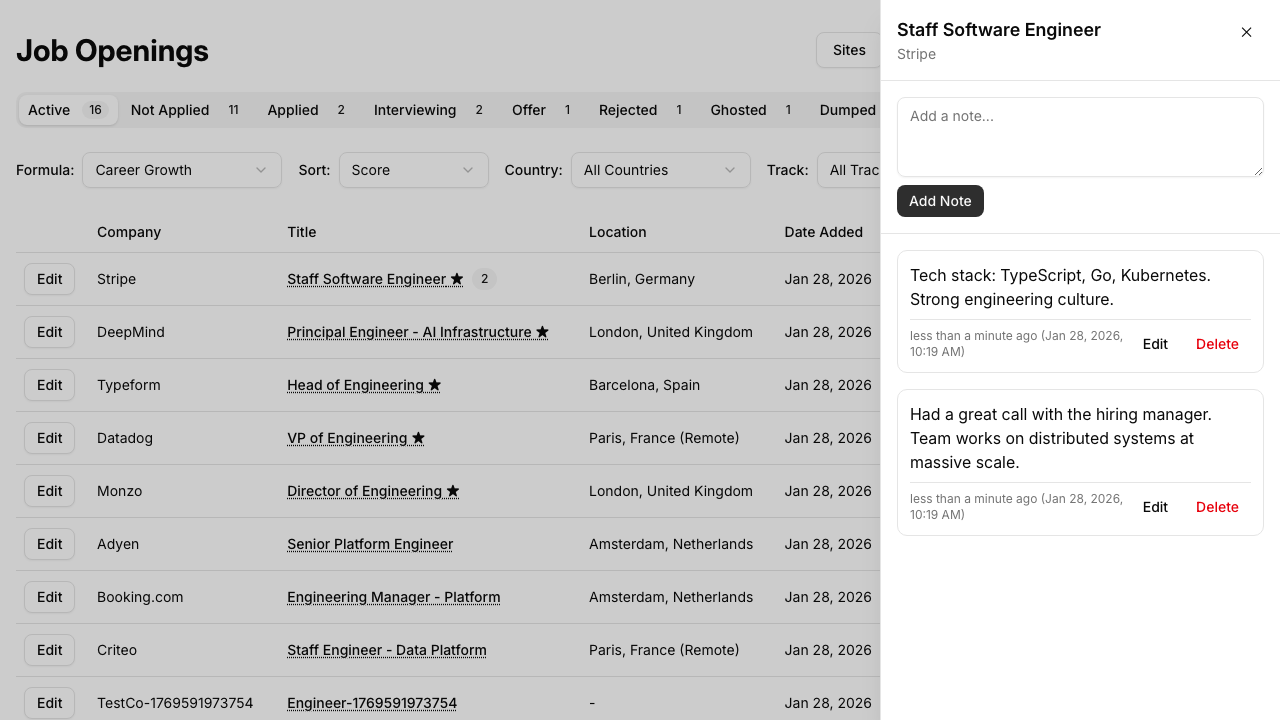 Notes panel showing notes for a job opening