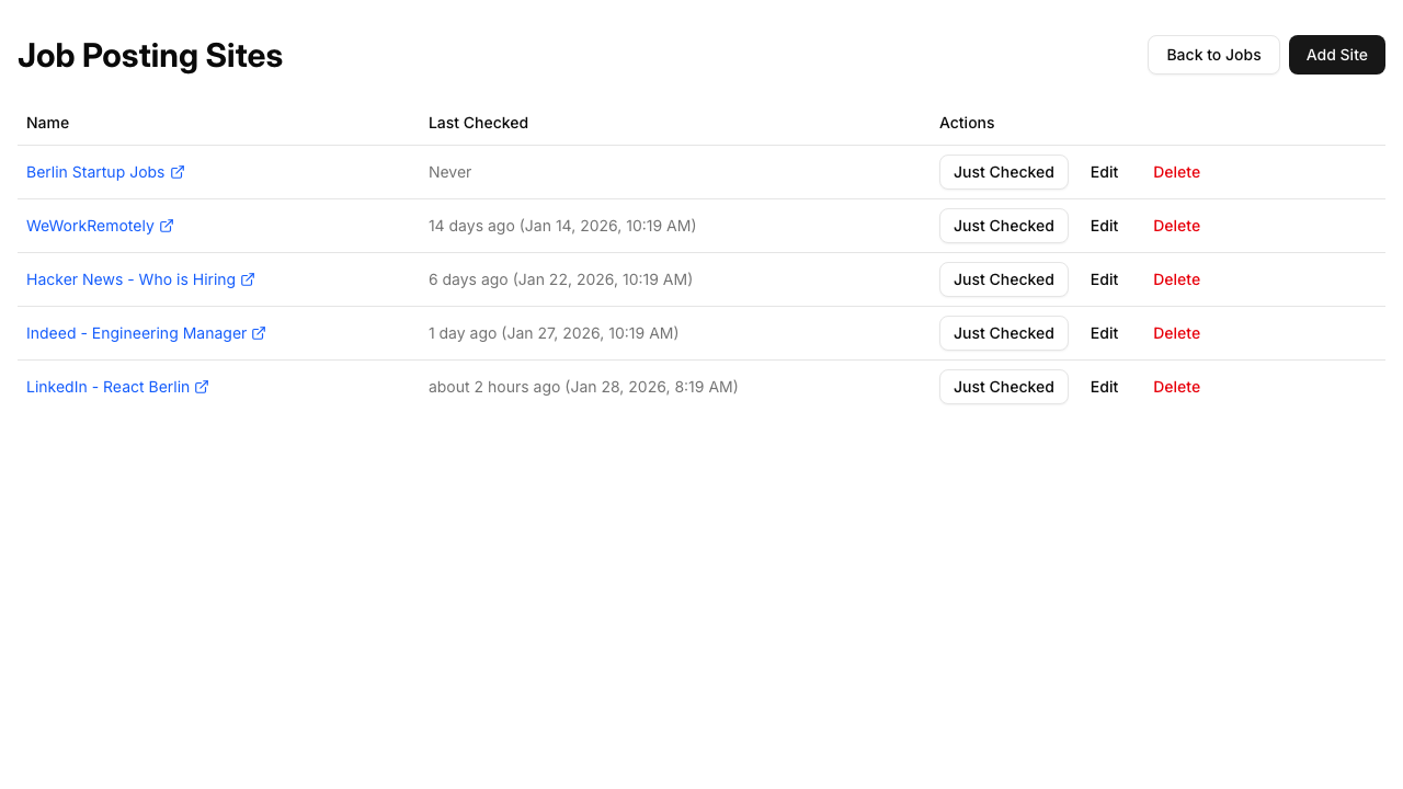 Job posting sites page with last checked dates