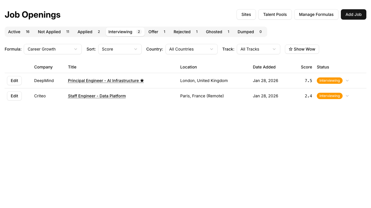 Status tabs showing different application stages